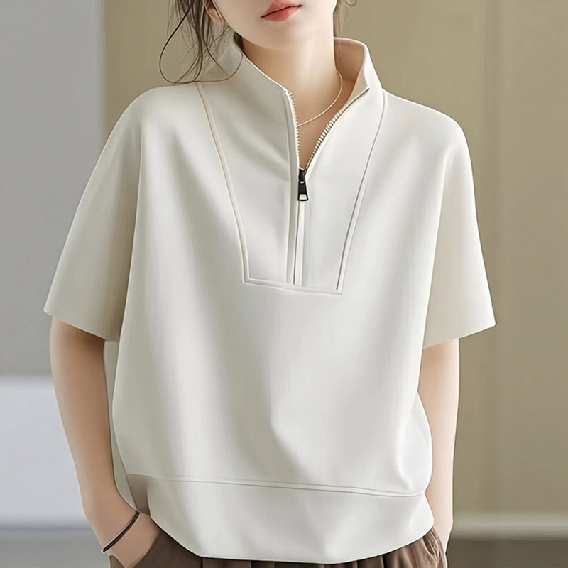 Half-Zip Solid Color Short-Sleeve T-Shirt for Women, Summer Plus-Size, Flattering and Stylish, Loose Fit, Slimming, Stand-Up Collar Top