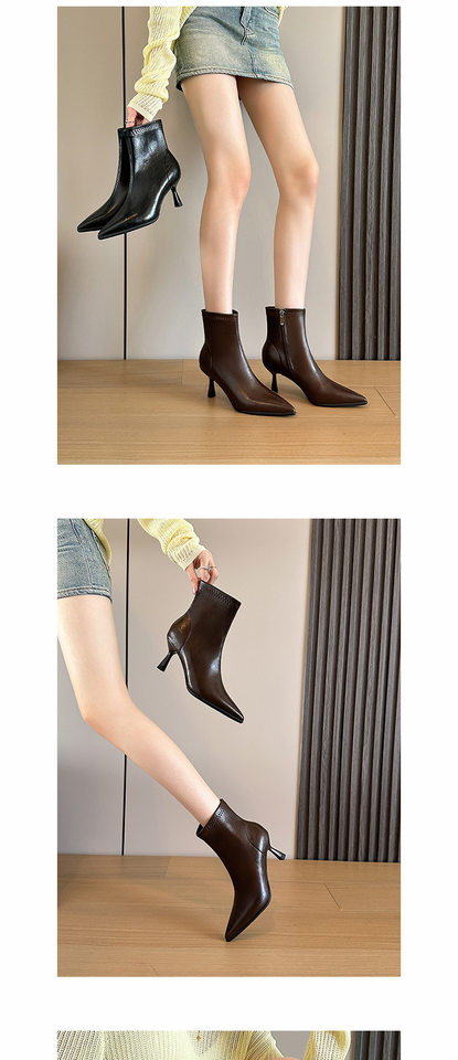 Bốt cổ thấp mũi nhọn gót cao 6–8 cm co giãn khóa kéo bên hông tôn dáng — Màu nâu, màu đen chi tiết 6