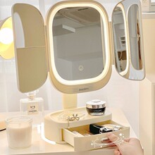 三折叠化妆镜带灯桌面台式带灯化妆镜led闺蜜高级感创意送女朋友