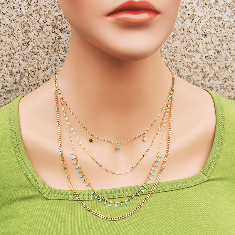 Fashion Round Titanium Steel Inlay Turquoise Layered Necklaces 1 Piece