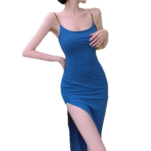 Internet-famous sexy hot girl's sheer spaghetti strap dress for women, summer slim-fit split midi dress, wholesale mom-style hip-hugging skirt