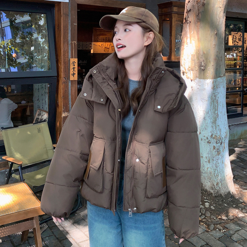 Ropa de algodón de mujer corta con capuzas gruesa ropa de pan de algodón coreano todo-completo suelto de bolsillo de mujer estereoscópico chaqueta de algodón caliente