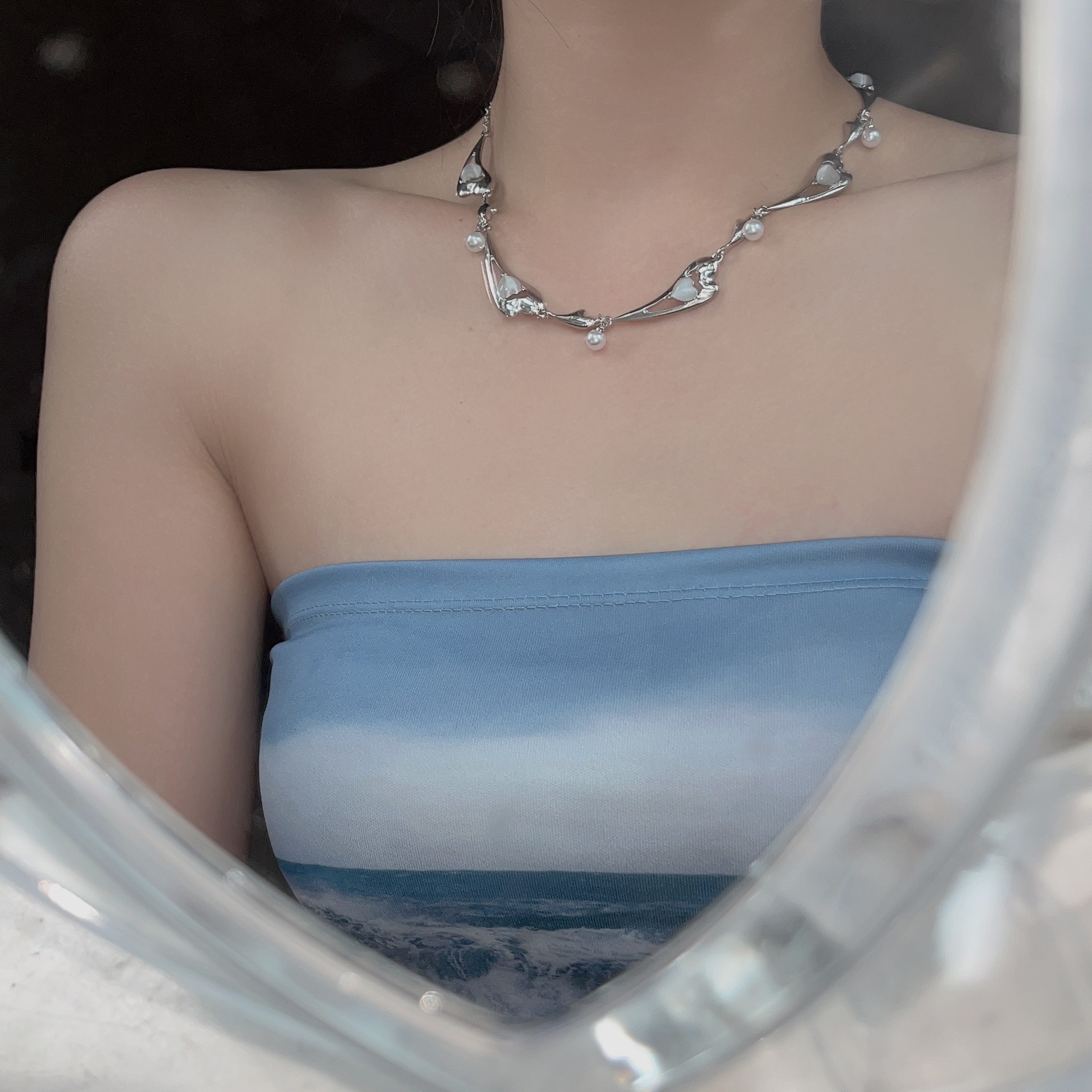 Fashion Heart Shape Alloy Plating Artificial Pearls Opal Necklace