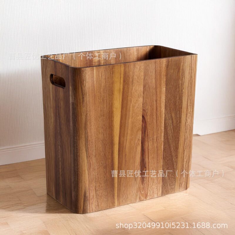 Wooden Waste Basket with Handle Acacia Wood Waste Basket Rectangular Trash Can Bathroom Kitchen Bedroom Solid Wood Trash Can