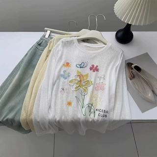 垂感冰凉雪花防晒罩衫女减龄韩版花朵圆领宽松长袖空调衫T恤春夏