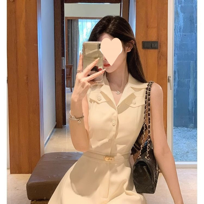 夏の新しいフレンチスタイルの純粋な欲望スタイルのハイエンドノースリーブシャツドレス女性のデザインウエスト気質ショートスカート|undefined