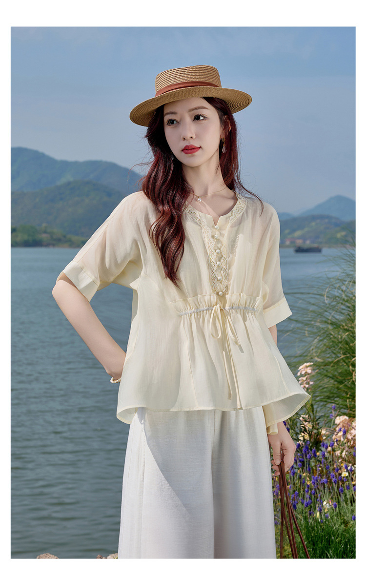 Bộ đồ mùa hè nữ Tencel cao cấp áo hai dây quần ống rộng ba món SY2697 — Bộ màu như hình chi tiết 3