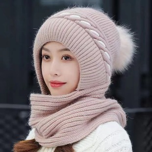 Winter Wool Hat Women's Hat All-in-One Velvet Knitted Hat Korean Style Warm Cold-proof Women's Winter Hat