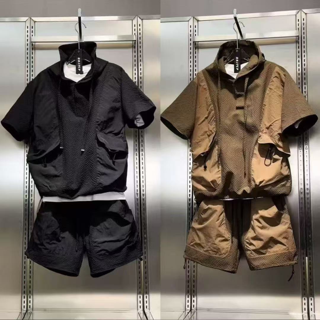 Summer New Men's Fashion Thin Trendy Short-Sleeved Casual Two-Piece Suit Splicing Hooded Men's Shorts