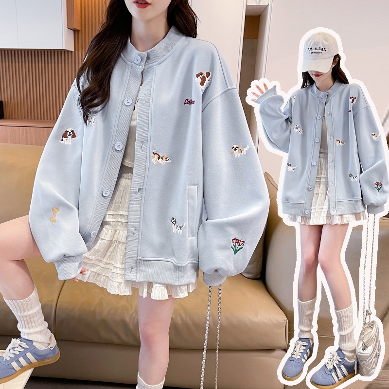 Cute puppy embroidered sweatshirt jacket, new autumn style, Korean chic and unique loose outerwear jacket for women.