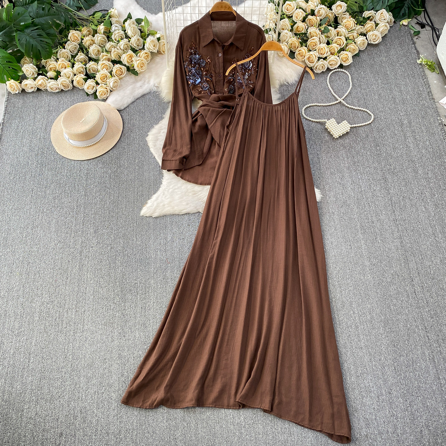 French Elegance Sequin Blazer Dress Set, Mid-Length Cross-Waist Blouse & Camisole Dress 2-Piece Outfit For Women_ecoleips.com