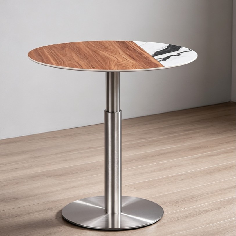 Light luxury rock slab wood grain spliced round table with stainless steel adjustable base for sales offices, hotels, and coffee shops for discussions and reception