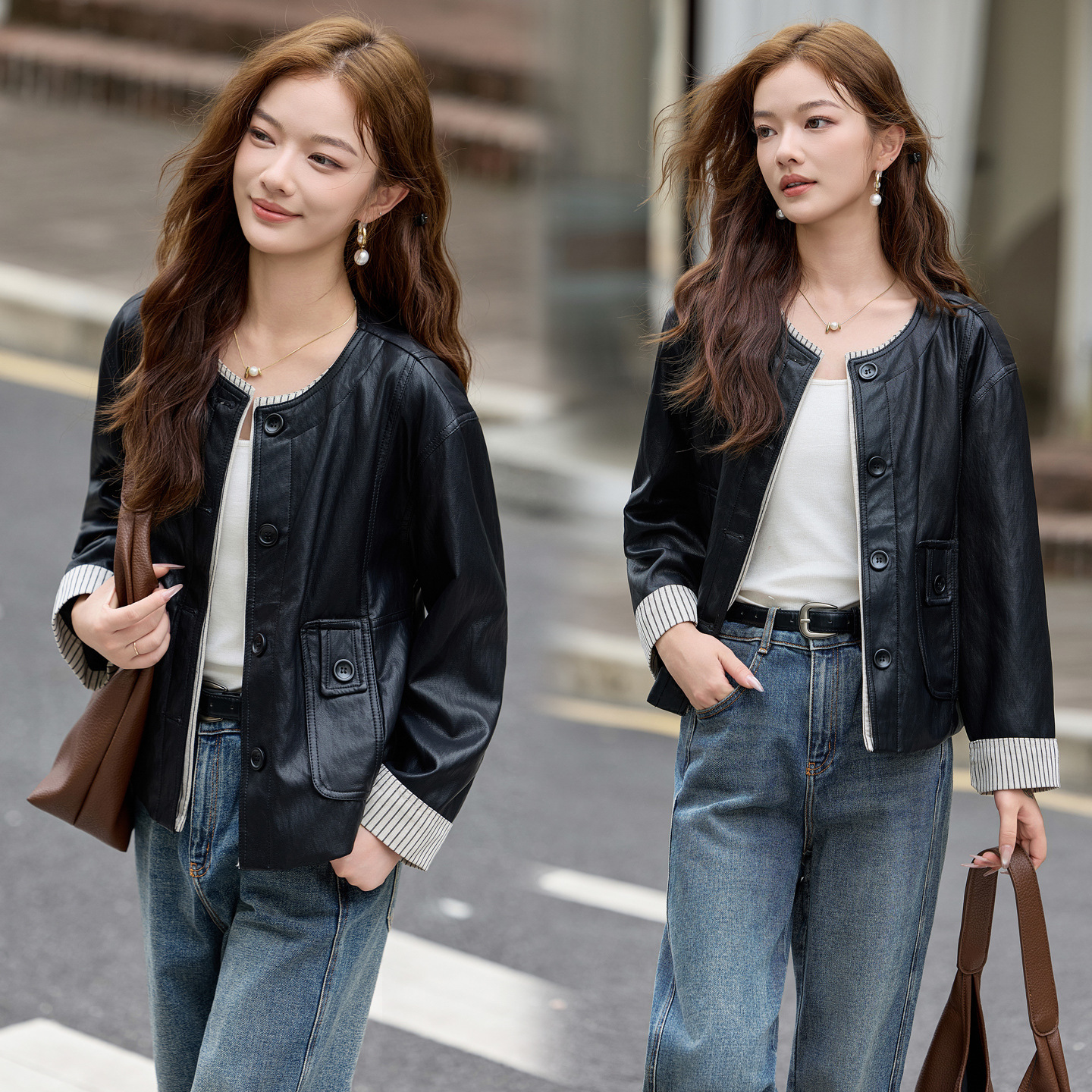 Counter Goatskin Leather Jacket Women's Jacket 2025 Spring & Fall New Style Small Round Neck Casual Leather Jacket Motorcycle Jacket