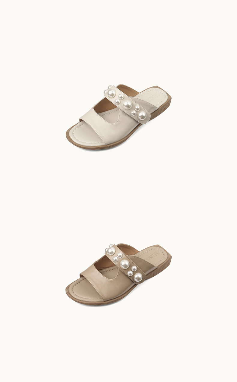 Dép sandal nữ quai chữ V đế bệt da mềm đính ngọc trai phong cách tiểu thư — Màu trắng nhạt, mơ chi tiết 10