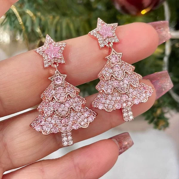 Pink Christmas Tree Five-pointed Star Earrings Women's Fashion Light Luxury Elegant Sweet and Gentle Christmas Earrings Trendy Earrings