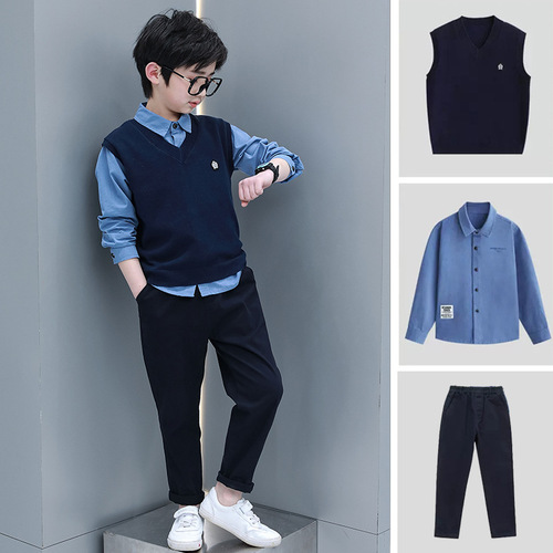 Boys' Spring and Autumn Set 2024 New Children's Middle and Large Children's Stylish College Style Long Sleeve Shirt and Vest Three-Piece Set