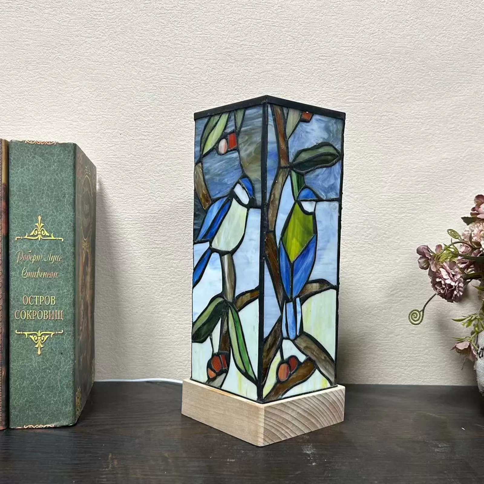 汇璟蒂凡尼四方小夜灯彩色玻璃小鸟鸭子图案夜晚台灯温馨装饰灯