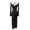 Hanging neck pure black high slit formal dress slim fit elastic dress for women