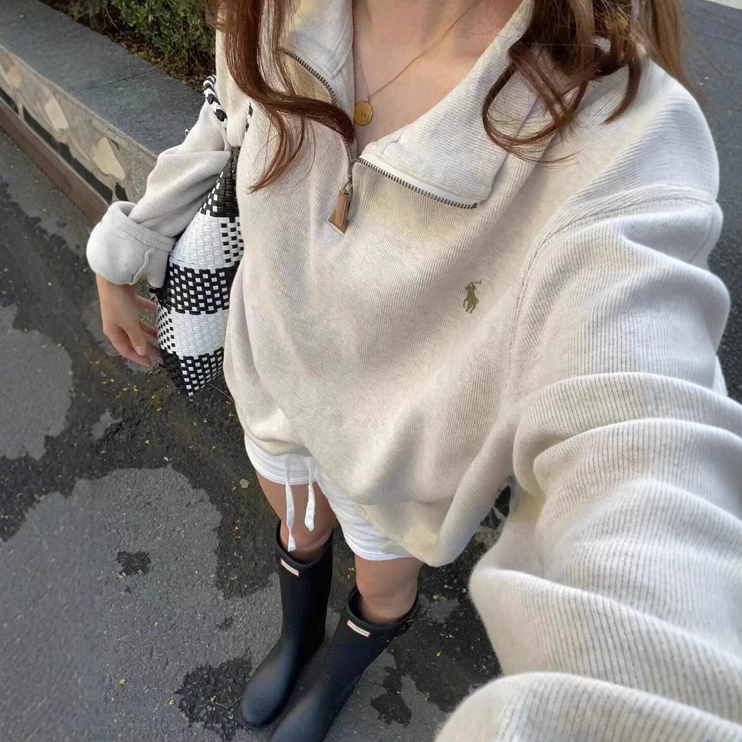 RL Rolf Po логотип американский свитер мужской поло пара свитер женский ретро длинный рукав отворот полузастежки-молнии свободно