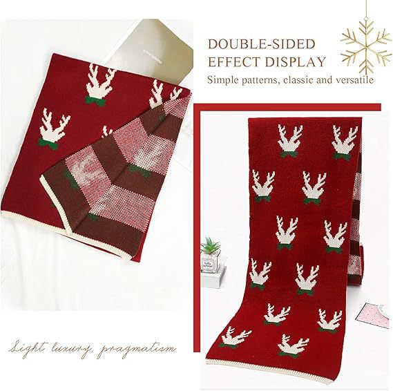 Sciarpa di lana calda lavorata a maglia con renne autunnali e invernali, scialle, sciarpa rossa per Capodanno._voghion.com