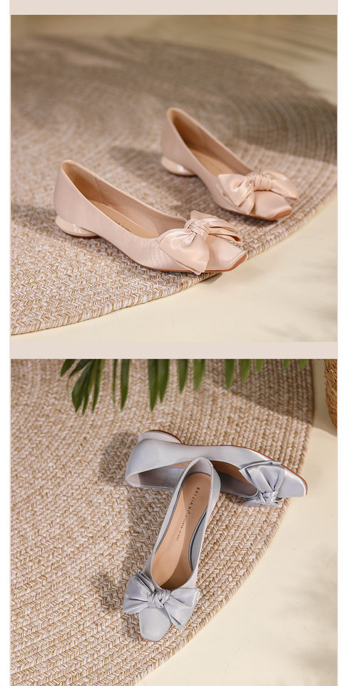 Giày búp bê nữ mũi vuông satin thắt nơ gót thấp đế mềm — Màu hồng nhạt, Màu xám bạc, Màu đen chi tiết 17