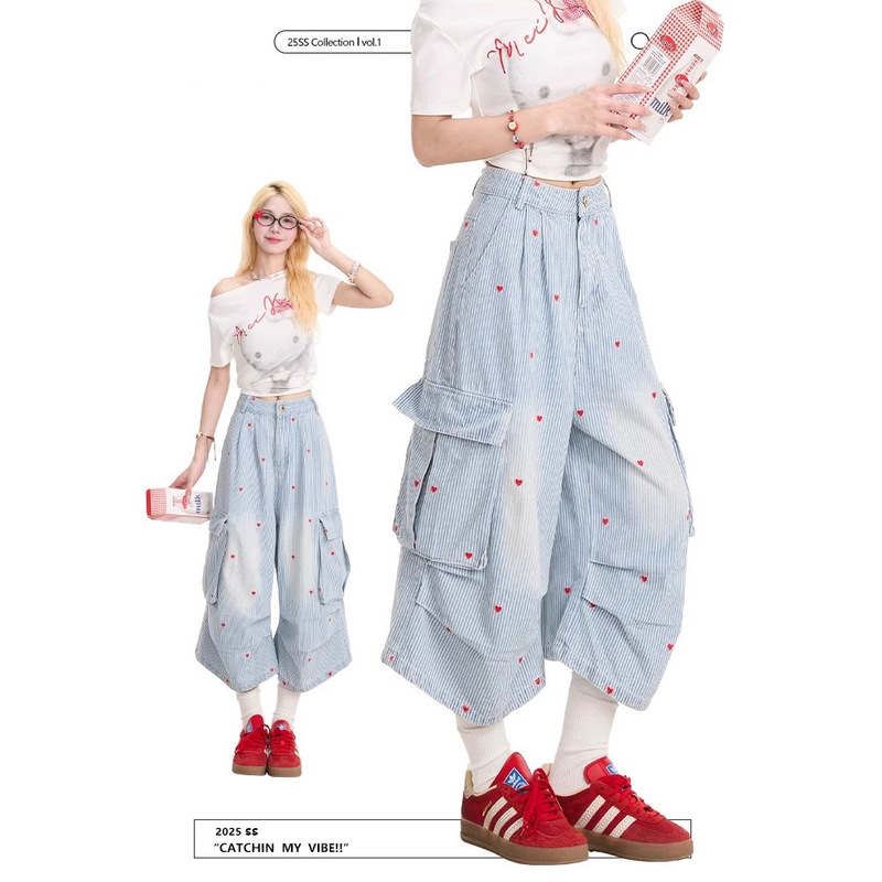 Heart-Printed Design Denim Cropped Pants for Women, Summer Sweet Spicy Girl, Pleated Large Pocket Loose Cargo Shorts