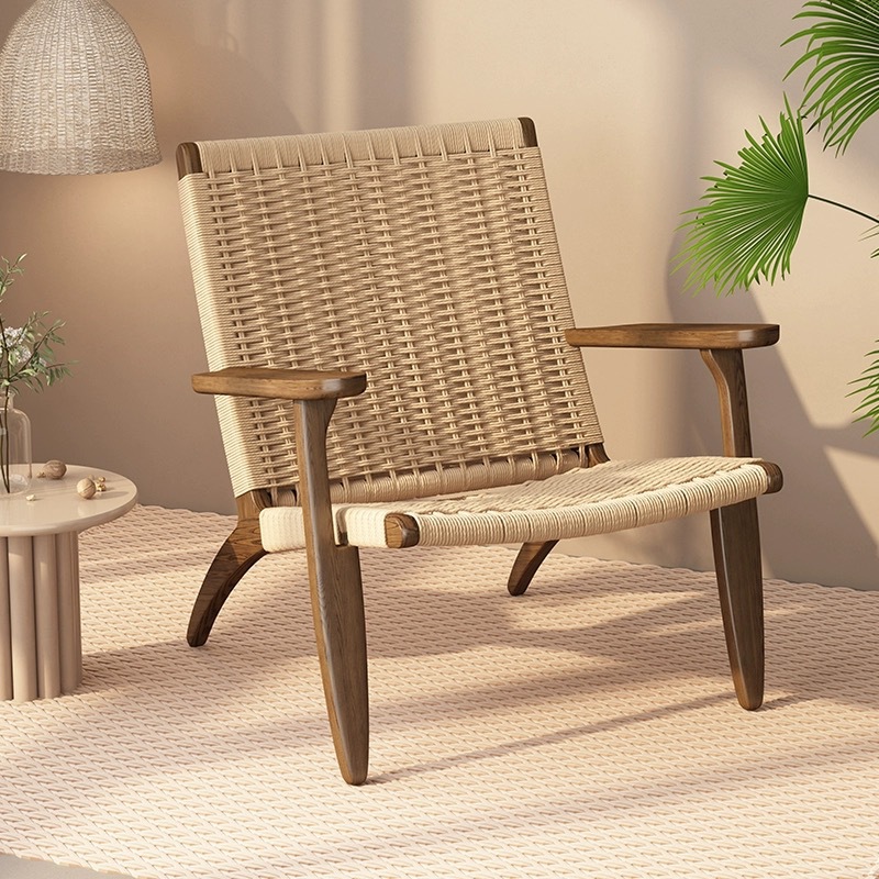 Nordic rattan-woven solid wood rope-wrapped armrest single-person chair, cafe sofa chair, wabi-sabi style leisure balcony backrest recliner