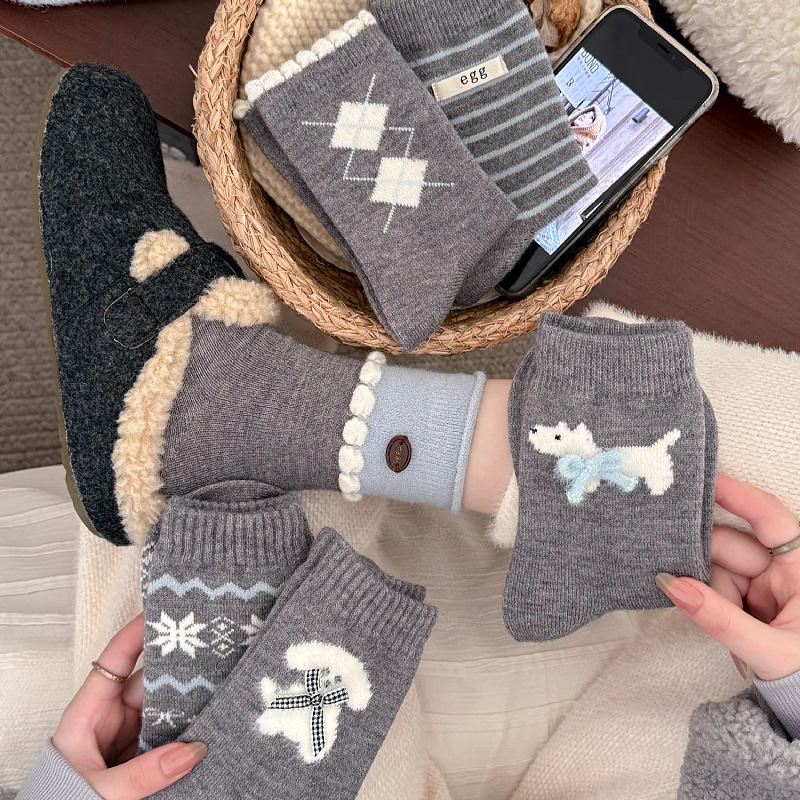 Wool Socks Autumn and Winter New Gray Ins Style Cute Puppy Women's Mid-Calf Socks Warm and Versatile Pile Socks