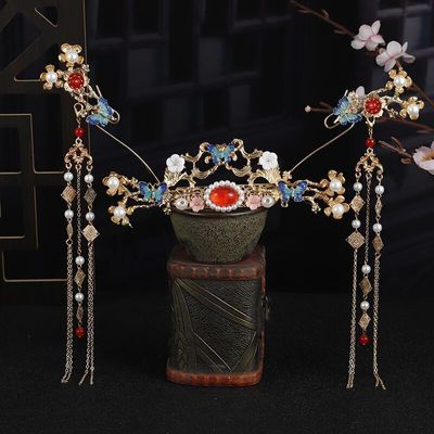 Hanfu Headdress tassels Step shake Hairpin Hair crown Antiquity Hairdressing Cloisonne suit Hairpin ancient costume Accessories