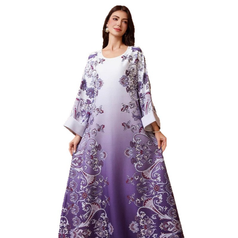 SW2514 Middle East Cross-border New Model Muslim Women's Robe With Printed Patterns, Rhinestones, And Beading, Round_ecoleips.com