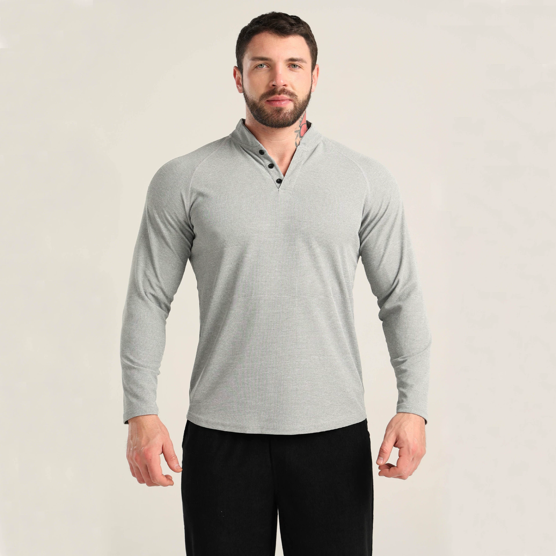 Трансграничные европейские и американские пуговицы футболка Henry с длинными рукавами для мужчин повседневная дышащая нижняя рубашка спортивный фитнес быстротушащий топ POLO