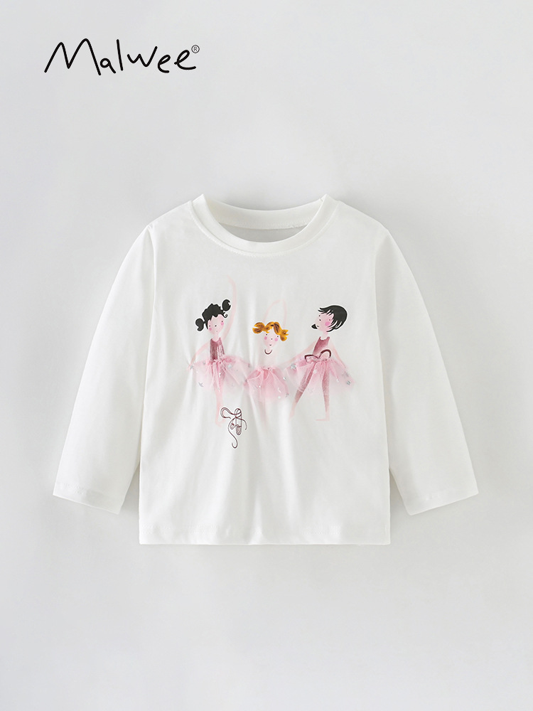 Malwee camiseta de niñas de otoño nueva camiseta europea y americana para niños de cuello redondo de manga larga ropa superior para niños