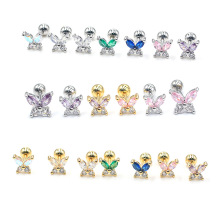 超飒炫彩粉紫锆石蝴蝶结甜美耳钉拧螺丝耳骨钉小众气质辣妹耳饰女