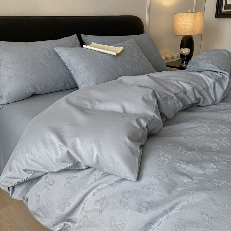 Algodón glutinoso ultra suave tejido Jacquard de cuatro piezas, ropa de cama de algodón para dormir desnudo, otoño y invierno, cuatro estaciones gruesas y cálidas.