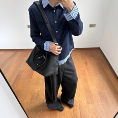 藏蓝色假两件衬衫男款夏薄款miu系穿搭格纹长袖衬衣cleanfit外套