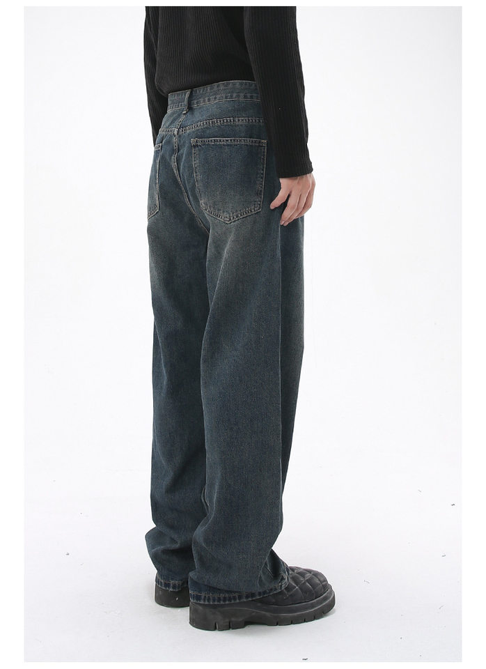 Quần jean nam ống rộng dáng suông cạp vừa vải denim xanh giặt nhẹ — Màu xanh lam chi tiết 11