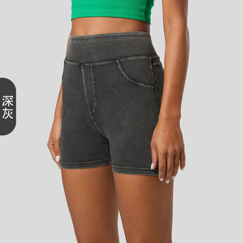 Pantalones cortos de yoga de mezclilla transfronterizos para mujer, cintura alta, bolsillos delgados para levantar la cadera, deportes para correr, pantalones casuales de tres puntos