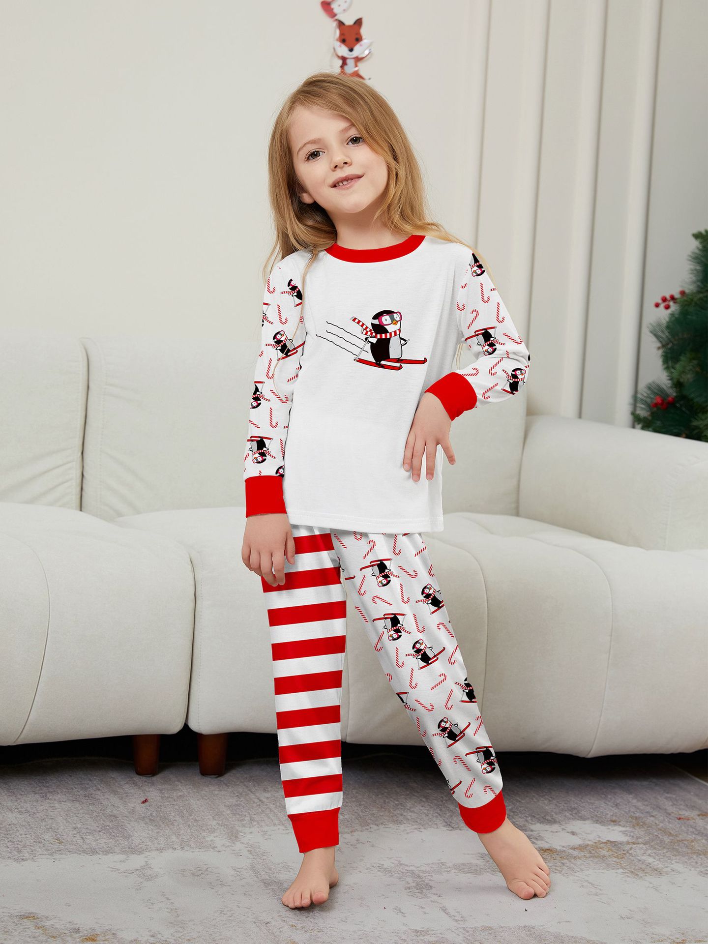 Kerst Pinguïn Candy Cane gestreepte Kerst Familie pak bedrukte homewear pyjama_voghion.com