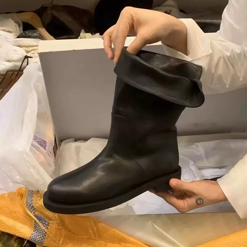 牛皮版～秋冬新款平底马丁靴复古真皮百搭圆头小众外翻中筒靴短靴