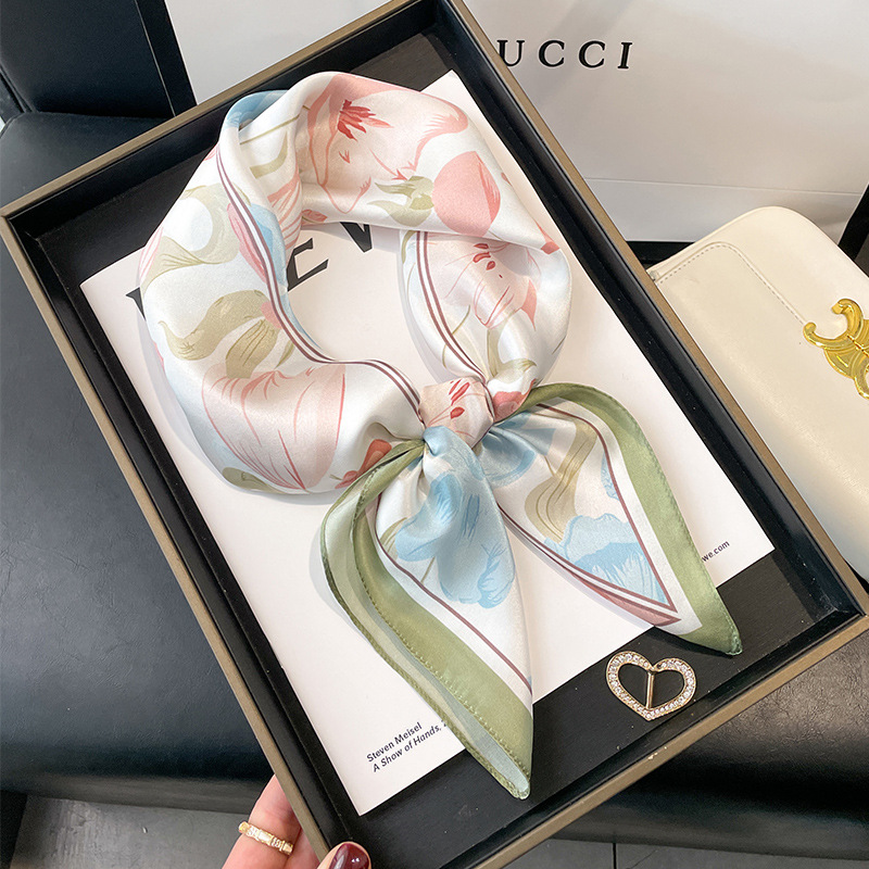 2025 Spring and Autumn New Printed 100% Mulberry Silk Scarf Women's Korean-style All-match Silk Square 70cm Scarf Scarf