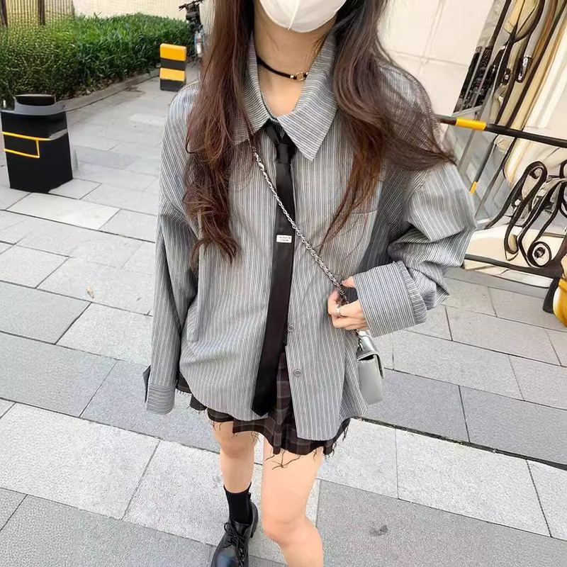 Chic Striped Long Sleeve Shirt Women's Autumn 2023 New Academic Style Design Sense Niche Loose Midi Cardigan Chic Striped Long Sleeve Shirt Women's Autumn 2023 New Academic Style Design Sense Niche Loose Midi Cardigan