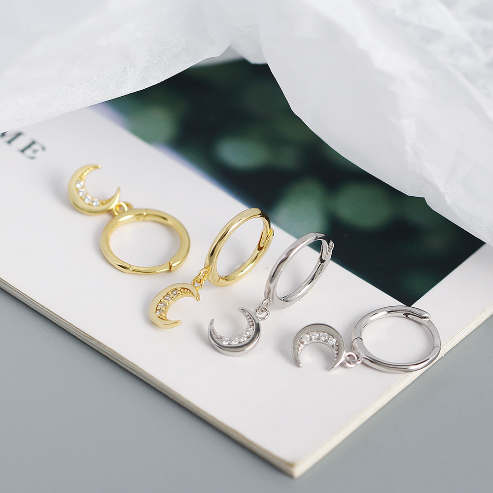 1 Pair Quantity Silver Rhinestones Moon Earrings