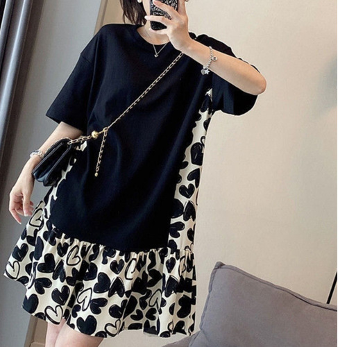 Plus-size women's summer dress with love pattern, summer Korean-style plus-size floral dress