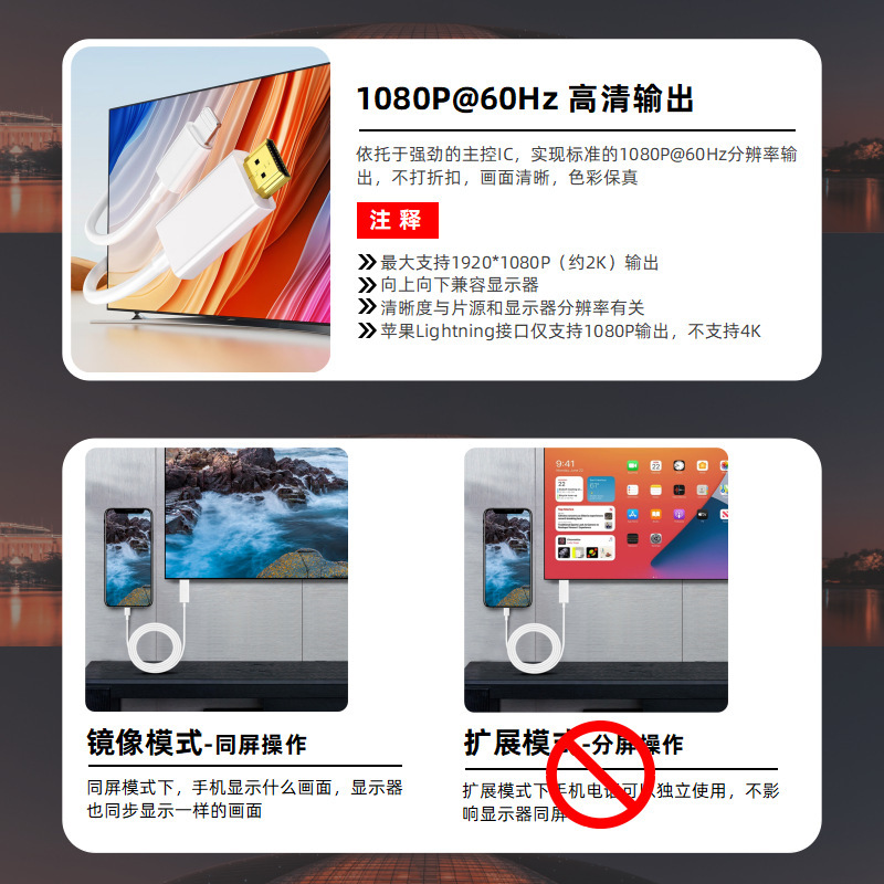 适用苹果hdmi同屏器lightning转hdmi高清线视频转换器炬力芯片2米|undefined