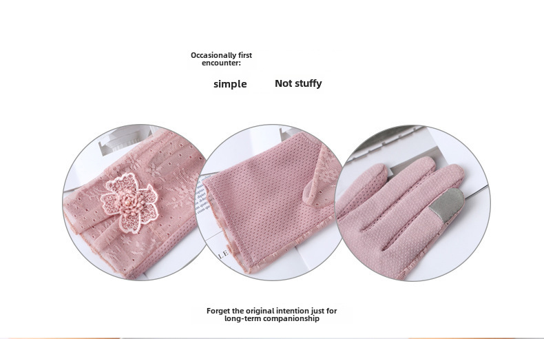 Summer thin ice silk gloves women's short thin outdoor cycling driving lace breathable touch screen sun protection gloves wholesale_voghion.com