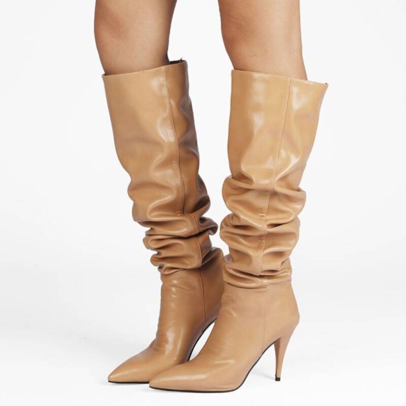 European and American Style Pointed Toe Tapered Heel Ruched Slouchy Boots, Slimming Effect, Large Size 47, High-Heeled Knee-High Boots for Women European and American Style Pointed Toe Tapered Heel Ruched Slouchy Boots, Slimming Effect, Large Size 47, High-Heeled Knee-High Boots for Women