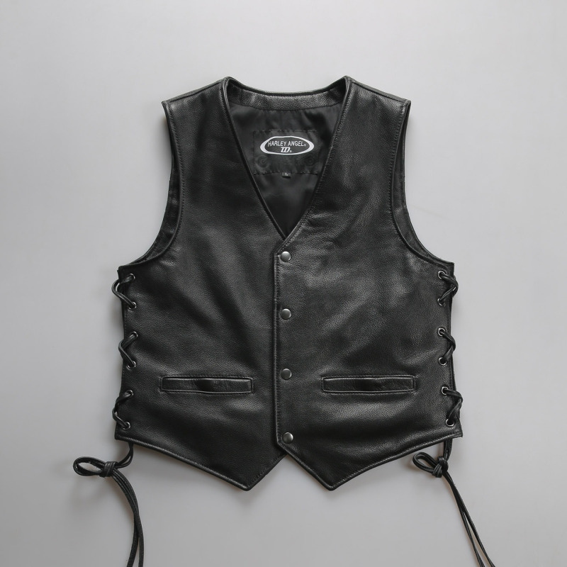 Club Motorcycle V-Neck Genuine Leather Vest for Women, Adjustable Elastic Drawstring Cowhide Vest