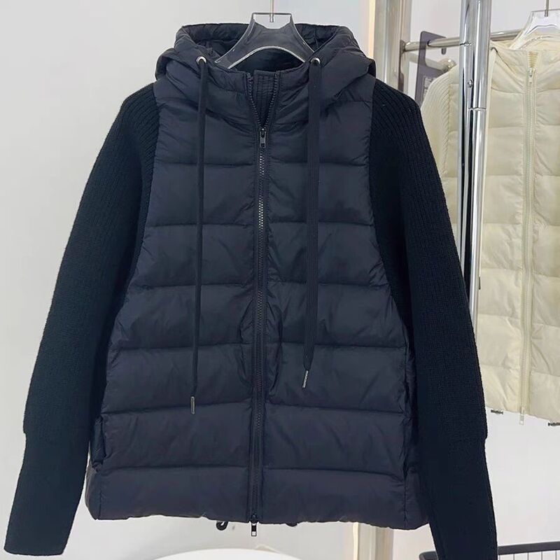 French-Style High-End Knitted Sleeve Duck down Jacket for Women, New Winter High-End Spliced Hooded Short Chanel-Style Coat