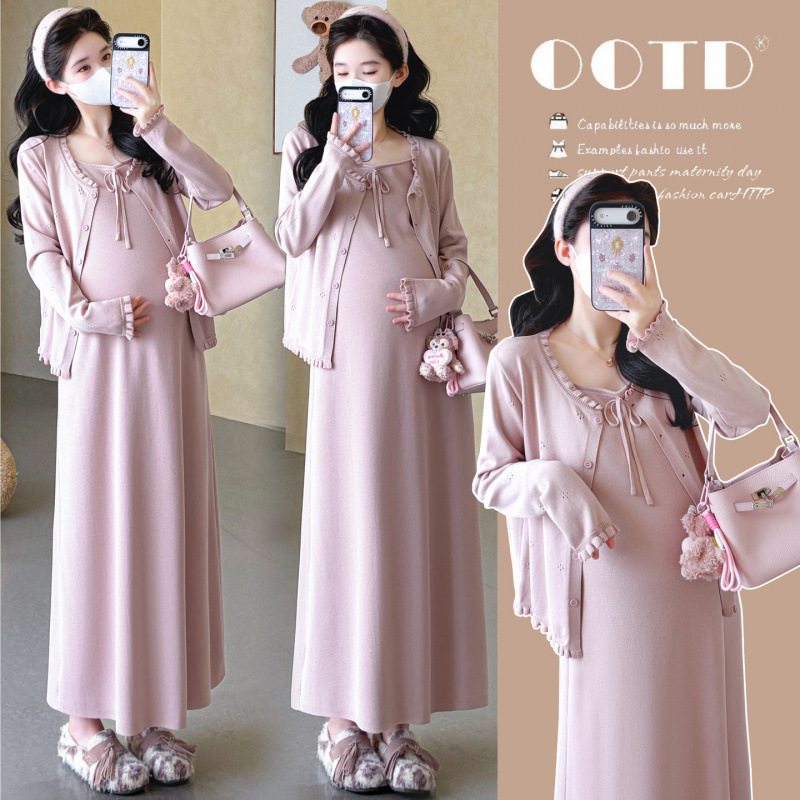 Maternity Autumn Dress Set, Plus Size Fashion Trendy Mom New Cardigan Knit Long Skirt Two-Piece Set Maternity Autumn Dress Set, Plus Size Fashion Trendy Mom New Cardigan Knit Long Skirt Two-Piece Set
