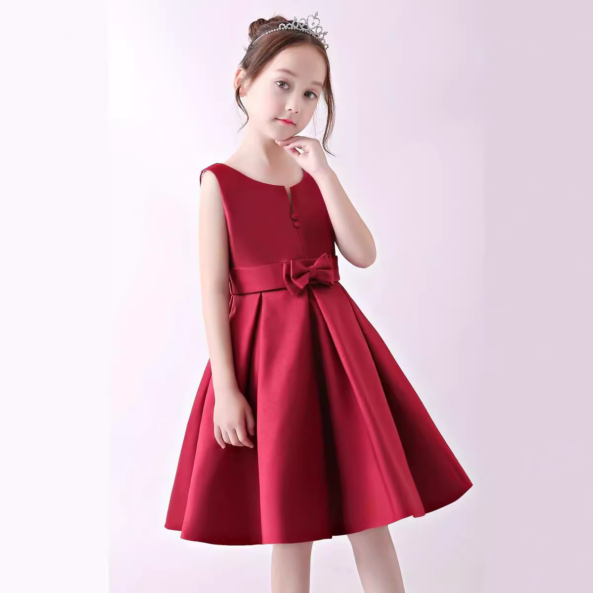 Princess Puff Sleeve Dress For Girls – Elegant Chiffon Flower Girl Gown, Birthday & Piano Recital Dress (Champagne, Burgundy)_voghion.com